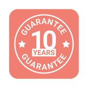 Rundes Garantie-Siegel mit der Aufschrift '10 Years Guarantee' auf einem orangefarbenen Hintergrund, frontal betrachtet.