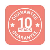 Rundes Garantie-Siegel mit der Aufschrift '10 Years Guarantee' auf einem orangefarbenen Hintergrund, frontal betrachtet.