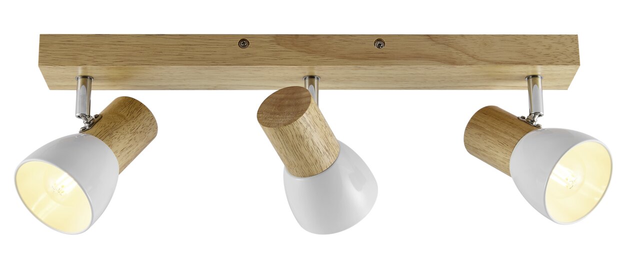 Deckenstrahler aus Holz mit drei verstellbaren weißen Lampenschirmen, Ansicht von unten