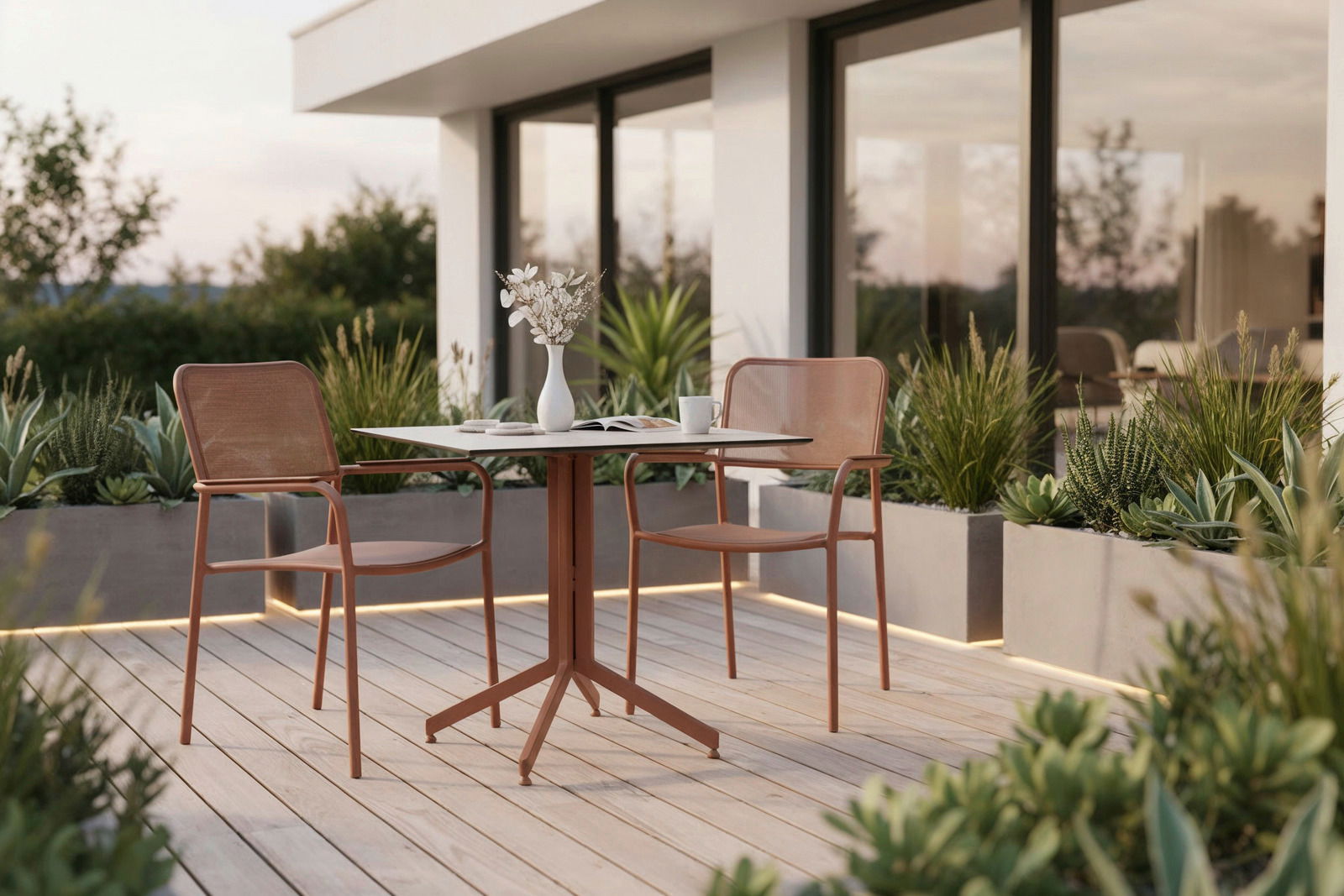 Zwei moderne Stapelsessel aus Metall in einem eleganten Terrakotta-Ton stehen auf einer stilvollen Terrasse mit Holzboden. Im Hintergrund sind Pflanzen und ein modernes Gebäude zu sehen. Die Perspektive zeigt die Sessel von der Seite.