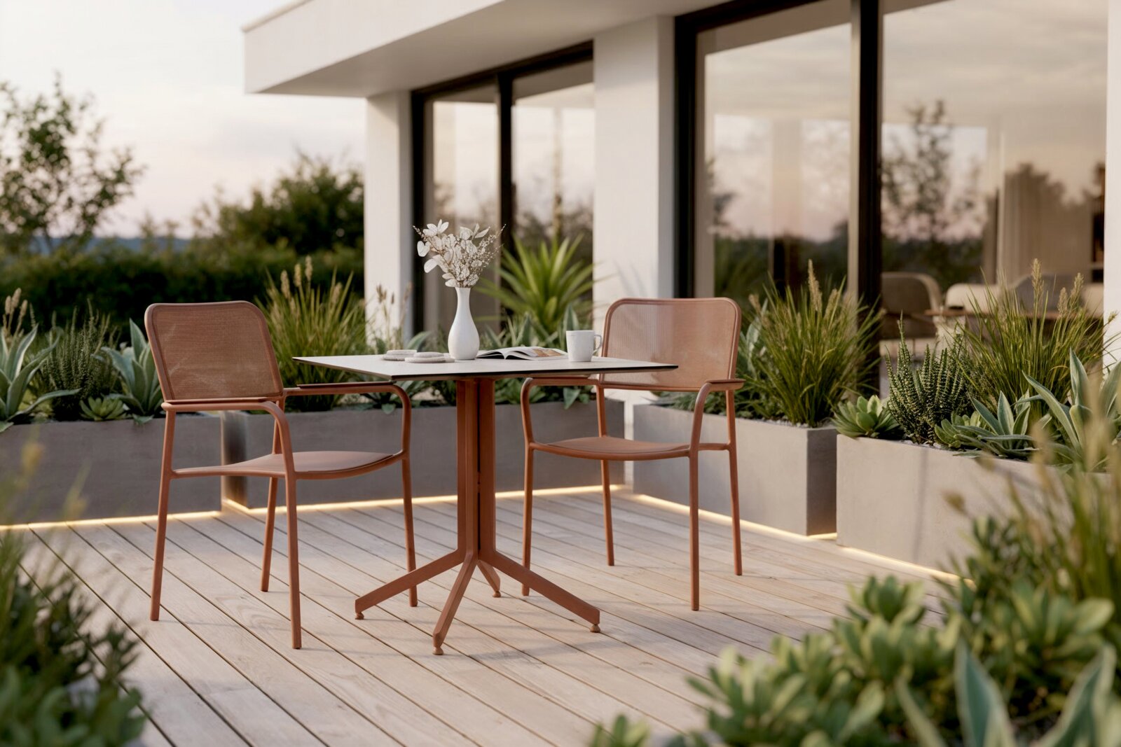 Zwei moderne Stapelsessel aus Metall in einem eleganten Terrakotta-Ton stehen auf einer stilvollen Terrasse mit Holzboden. Im Hintergrund sind Pflanzen und ein modernes Gebäude zu sehen. Die Perspektive zeigt die Sessel von der Seite.