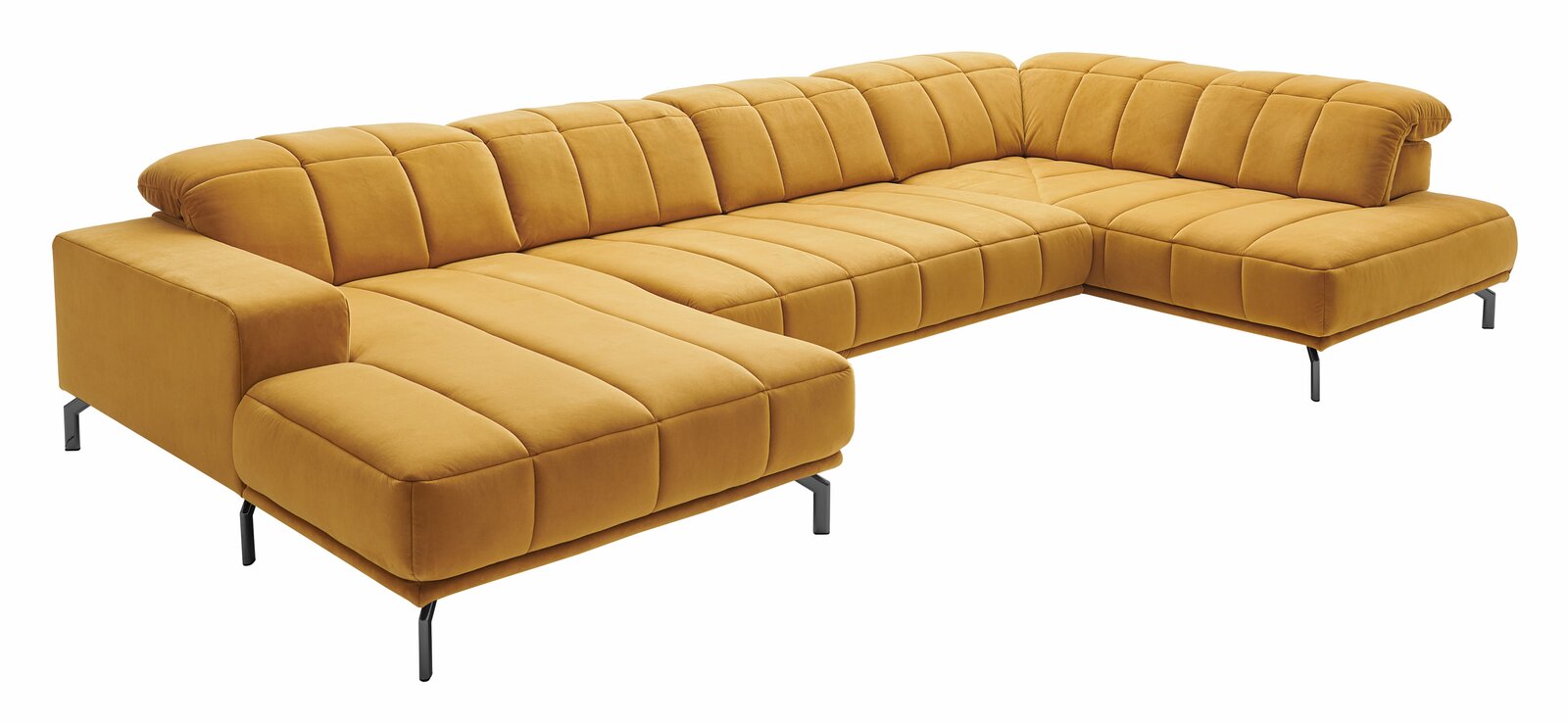 Gelbes Ecksofa mit moderner Polsterung, Ansicht von schräg vorne.