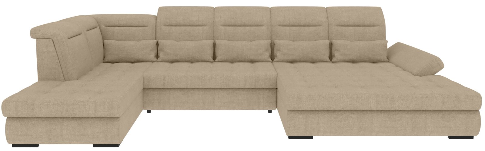 Beiges U-förmiges Wohnlandschaft-Ecksofa mit breiten Ottomane links und rechts, gepolsterten Armlehnen und mehreren Rückenkissen, frontal aus leichter Draufsicht freigestellt auf weißem Hintergrund