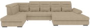Beiges U-förmiges Wohnlandschaft-Ecksofa mit breiten Ottomane links und rechts, gepolsterten Armlehnen und mehreren Rückenkissen, frontal aus leichter Draufsicht freigestellt auf weißem Hintergrund