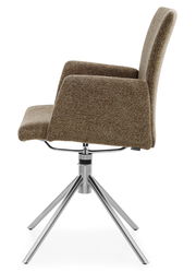 Moderner Stuhl mit braunem Stoffbezug und Metallgestell, Seitenansicht