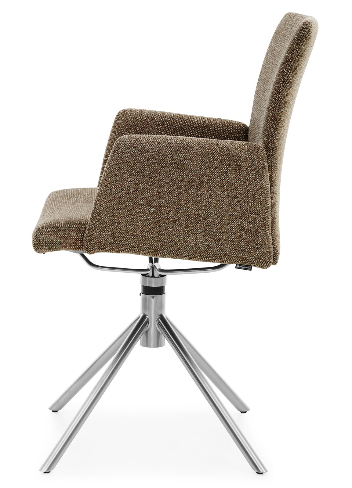 Moderner Stuhl mit braunem Stoffbezug und Metallgestell, Seitenansicht