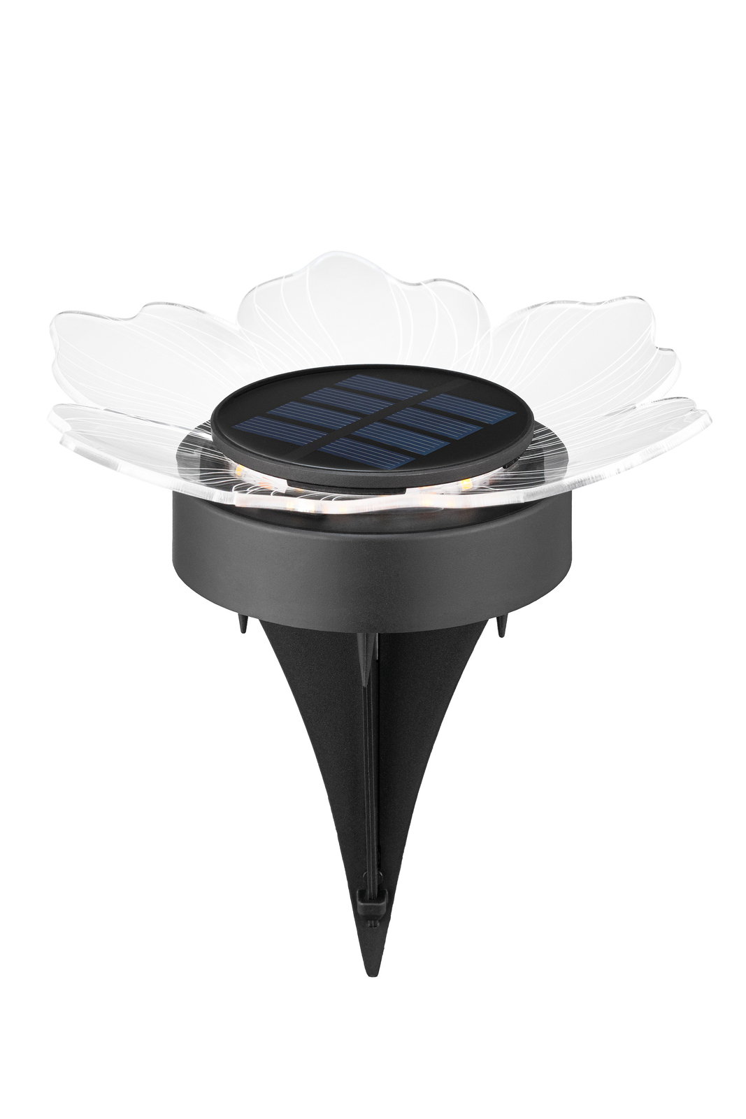 Solarleuchte in Blütenform mit schwarzem Solarpanel, seitliche Perspektive