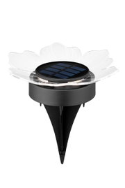 Solarleuchte in Blütenform mit schwarzem Solarpanel, seitliche Perspektive