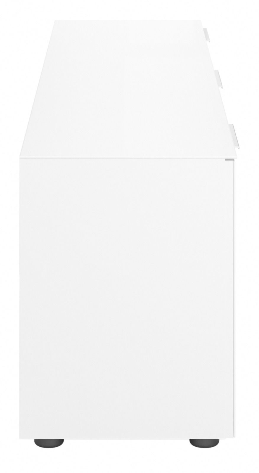 Seitenansicht eines weißen TV-Lowboards mit minimalistischem Design und schwarzen Füßen.