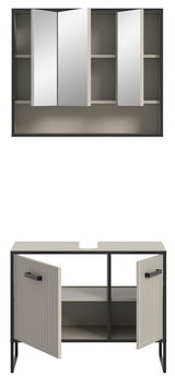 Badezimmerschrank-Kombination mit Spiegelschrank und Unterschrank, frontal betrachtet. Der Spiegelschrank hat drei Türen, der Unterschrank zwei offene Türen mit vertikalen Streifen.