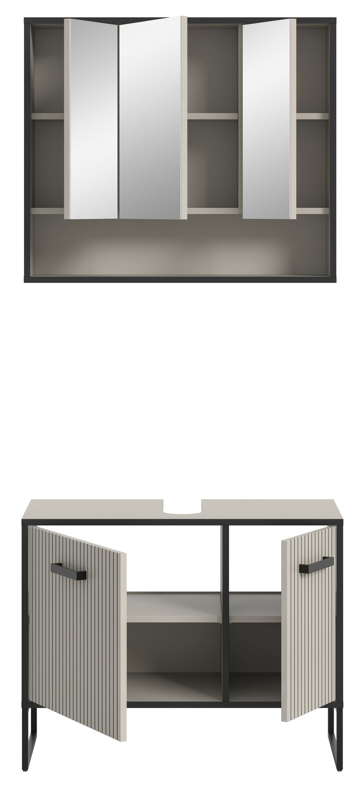 Badezimmerschrank-Kombination mit Spiegelschrank und Unterschrank, frontal betrachtet. Der Spiegelschrank hat drei Türen, der Unterschrank zwei offene Türen mit vertikalen Streifen.