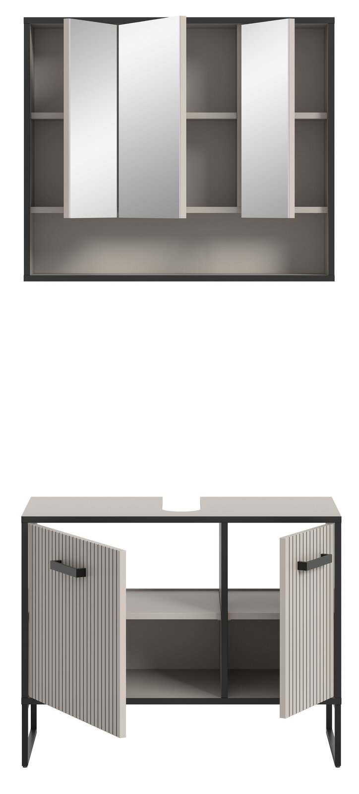 Badezimmerschrank-Kombination mit Spiegelschrank und Unterschrank, frontal betrachtet. Der Spiegelschrank hat drei Türen, der Unterschrank zwei offene Türen mit vertikalen Streifen.