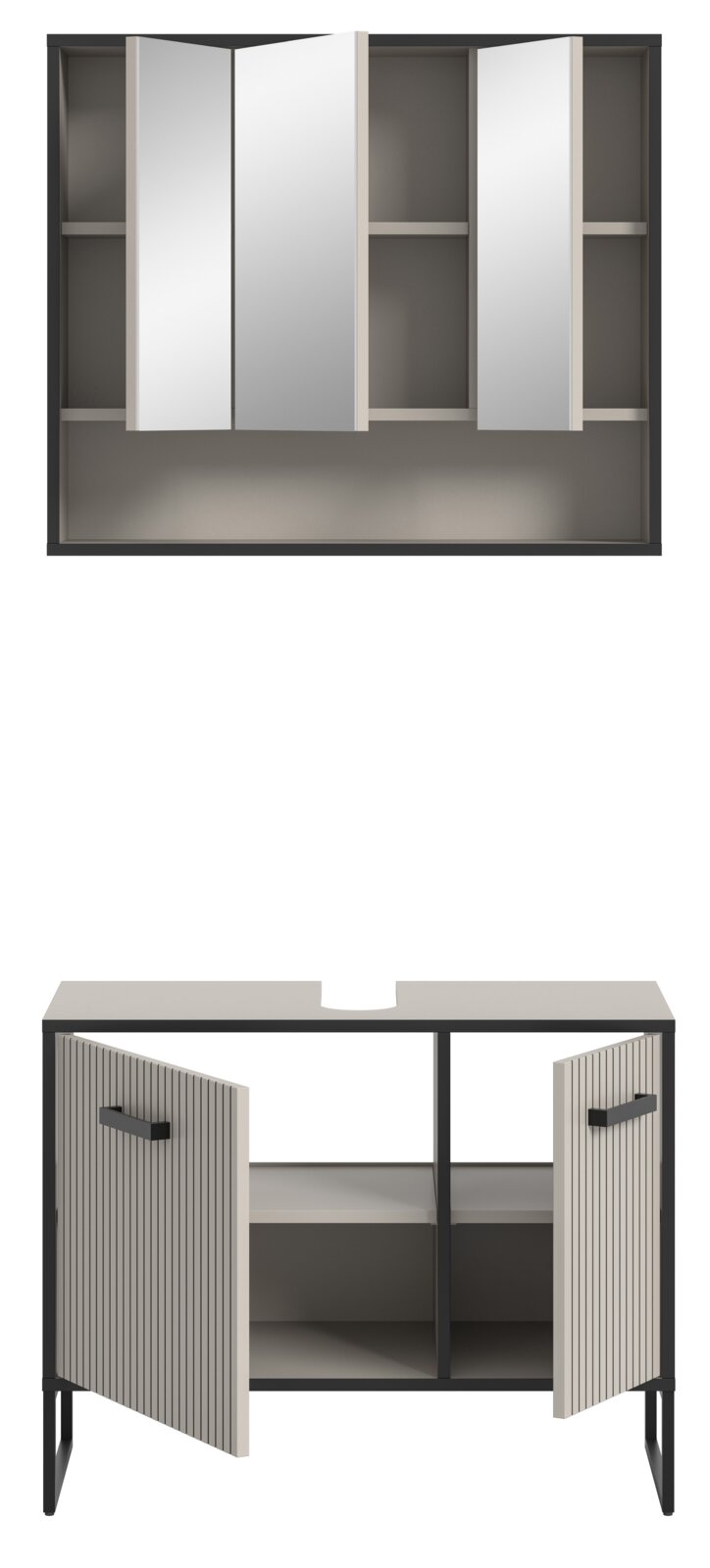 Badezimmerschrank-Kombination mit Spiegelschrank und Unterschrank, frontal betrachtet. Der Spiegelschrank hat drei Türen, der Unterschrank zwei offene Türen mit vertikalen Streifen.