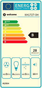 Energieeffizienzlabel für ein Gerät mit der Kennzeichnung KH1727-3H, Energieklasse B, jährlicher Energieverbrauch von 28 kWh, Lautstärke 64 dB, Frontalansicht.