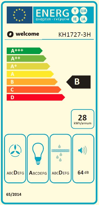 Energie-efficiëntielabel voor een apparaat met het type KH1727-3H, energieklasse B, jaarlijks energieverbruik van 28 kWh, geluidsniveau 64 dB, vooraanzicht.