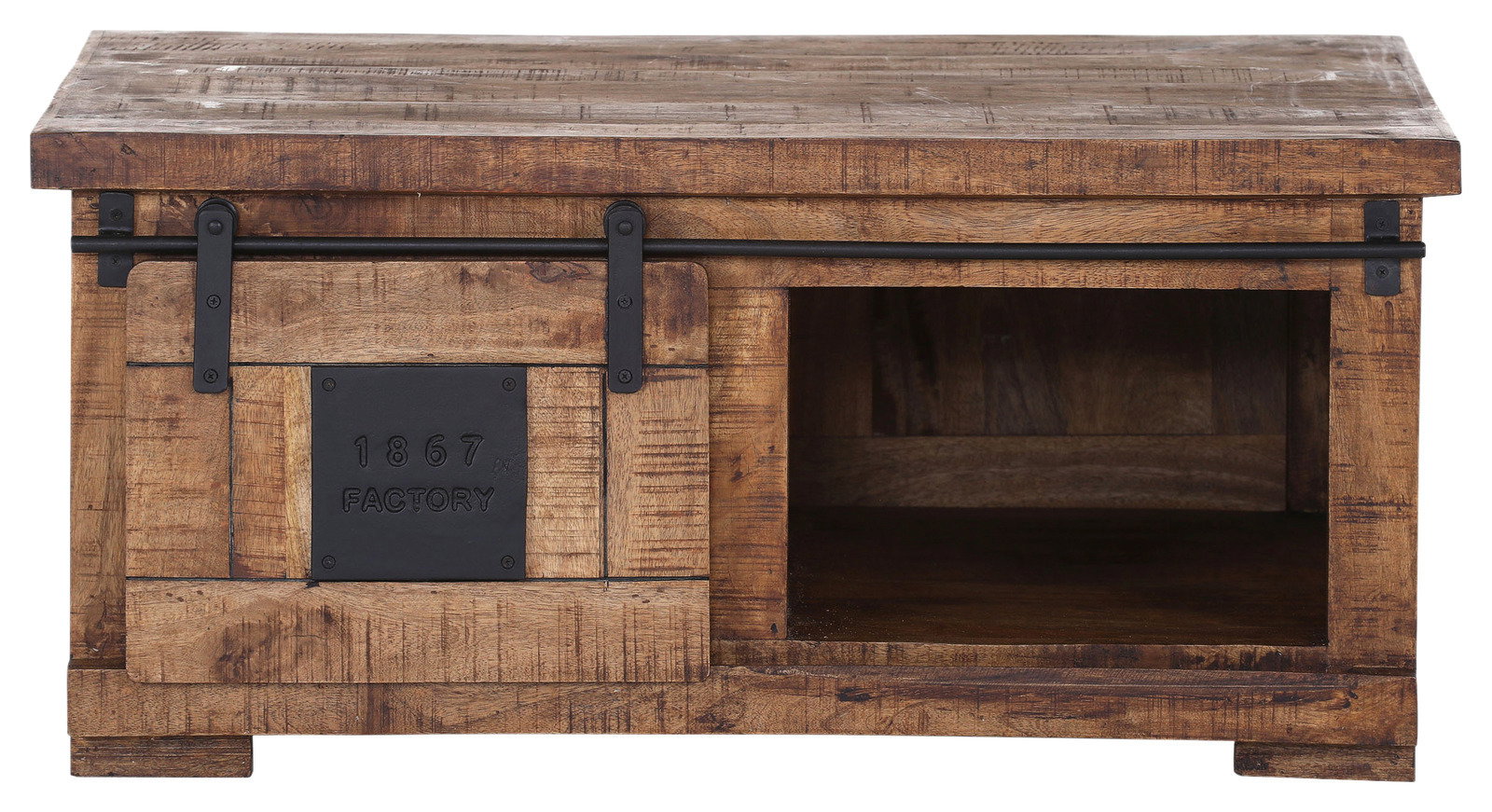 Rustikaler Couchtisch aus Holz mit Schiebetür und Metallakzenten, Frontalansicht
