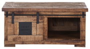 Rustikaler Couchtisch aus Holz mit Schiebetür und Metallakzenten, Frontalansicht