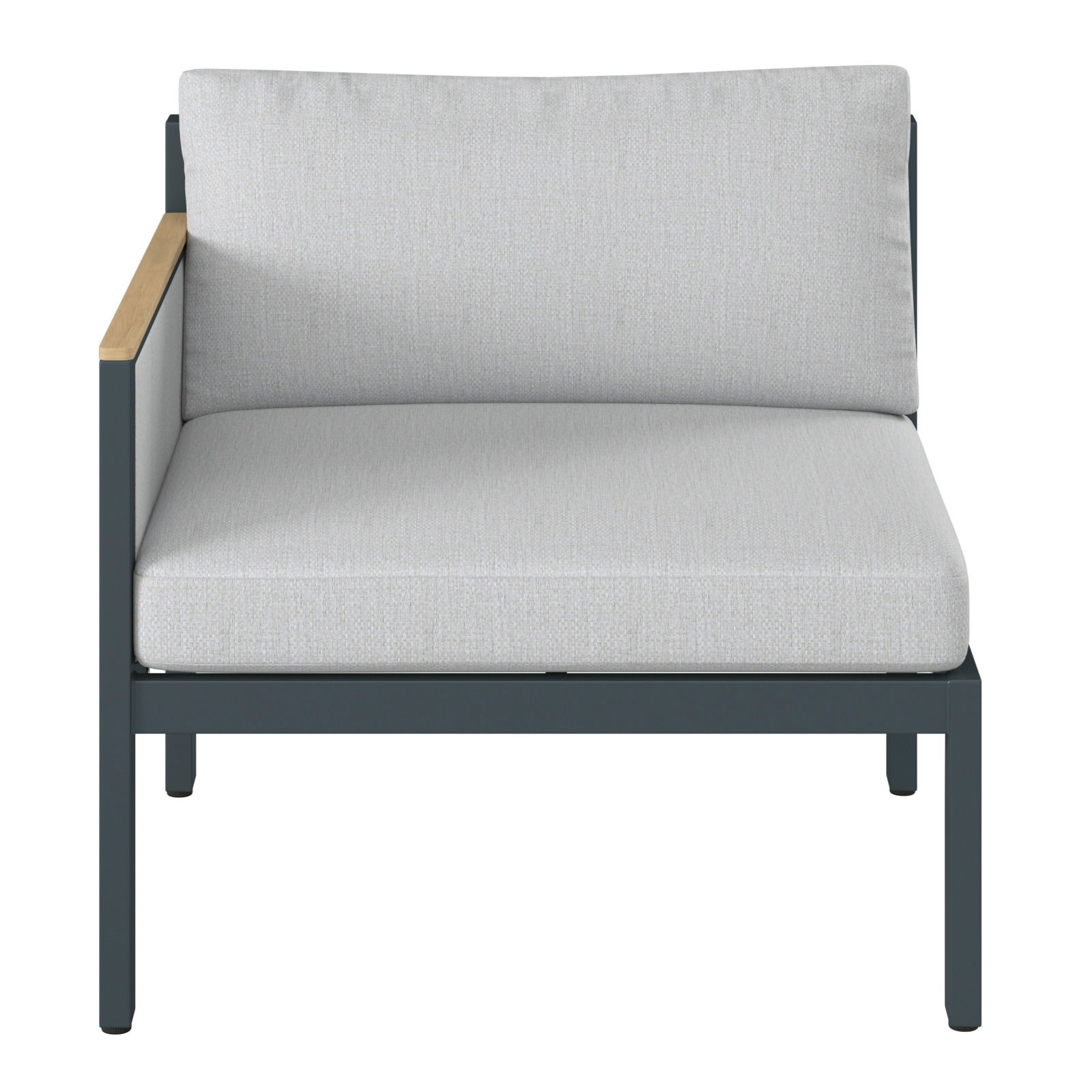 Frontansicht eines Lounge-Sofas mit linkem Armteil, grauem Polster und dunklem Rahmen.