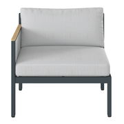 Frontansicht eines Lounge-Sofas mit linkem Armteil, grauem Polster und dunklem Rahmen.