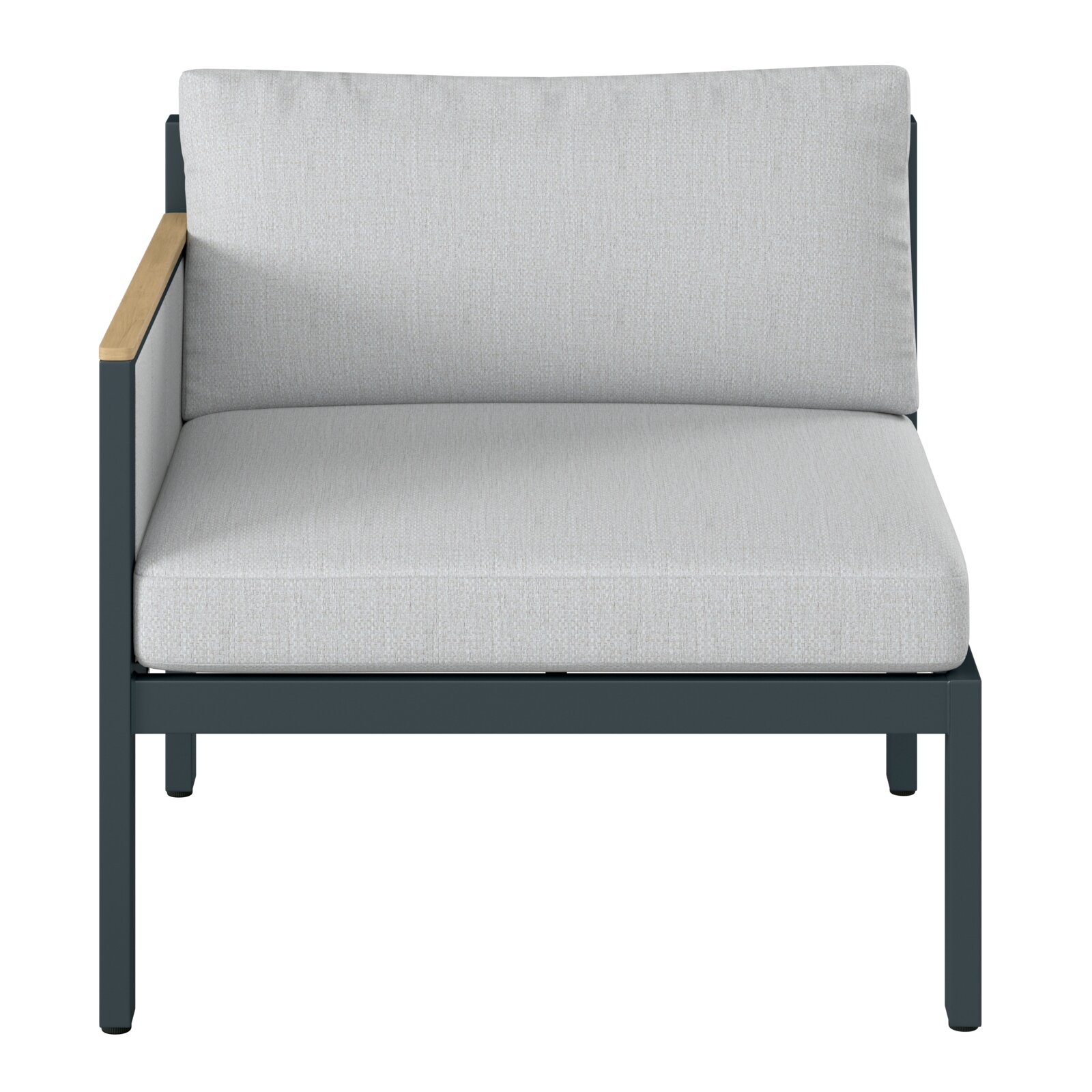 Vooraanzicht van een loungebank met een armleuning aan de linkerkant, grijze bekleding en een donker frame.