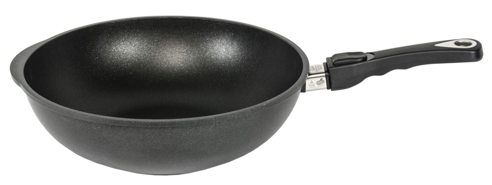 Schwarze Wokpfanne mit einem Durchmesser von 32 cm, seitliche Perspektive mit langem Griff.