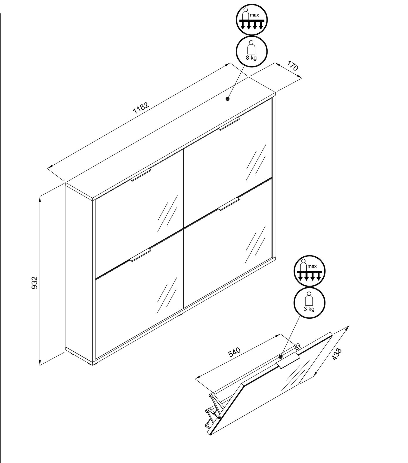 Isometrische Ansicht eines wandmontierten Klappschranks mit vier Frontklappen und Maßangaben (ca. 1182 × 932 × 170 mm), inkl. Detailansicht einer geöffneten Klappe (ca. 540 × 438 mm) sowie Belastungsangaben 8 kg und 3 kg.