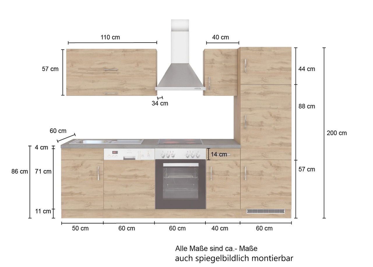 Frontale Ansicht einer Küchenzeile mit Holzoptik, bestehend aus Hängeschränken, einem Herd mit Backofen, einer Dunstabzugshaube und einem Spülbecken. Die Maße sind angegeben und die Küche ist auch spiegelbildlich montierbar.