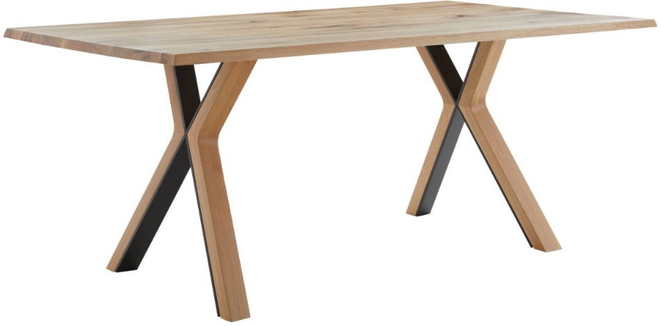 Moderner Esstisch mit X-förmigen Beinen aus Holz und Metall, seitliche Perspektive
