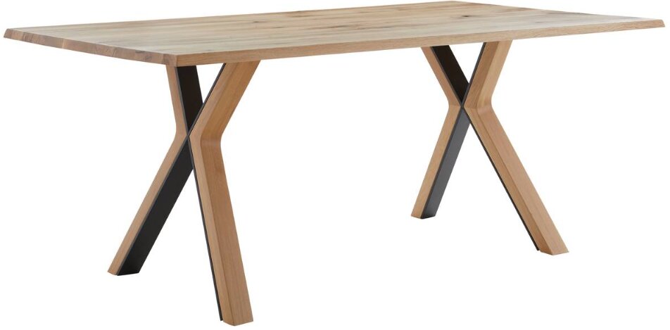 Moderner Esstisch mit X-förmigen Beinen aus Holz und Metall, seitliche Perspektive