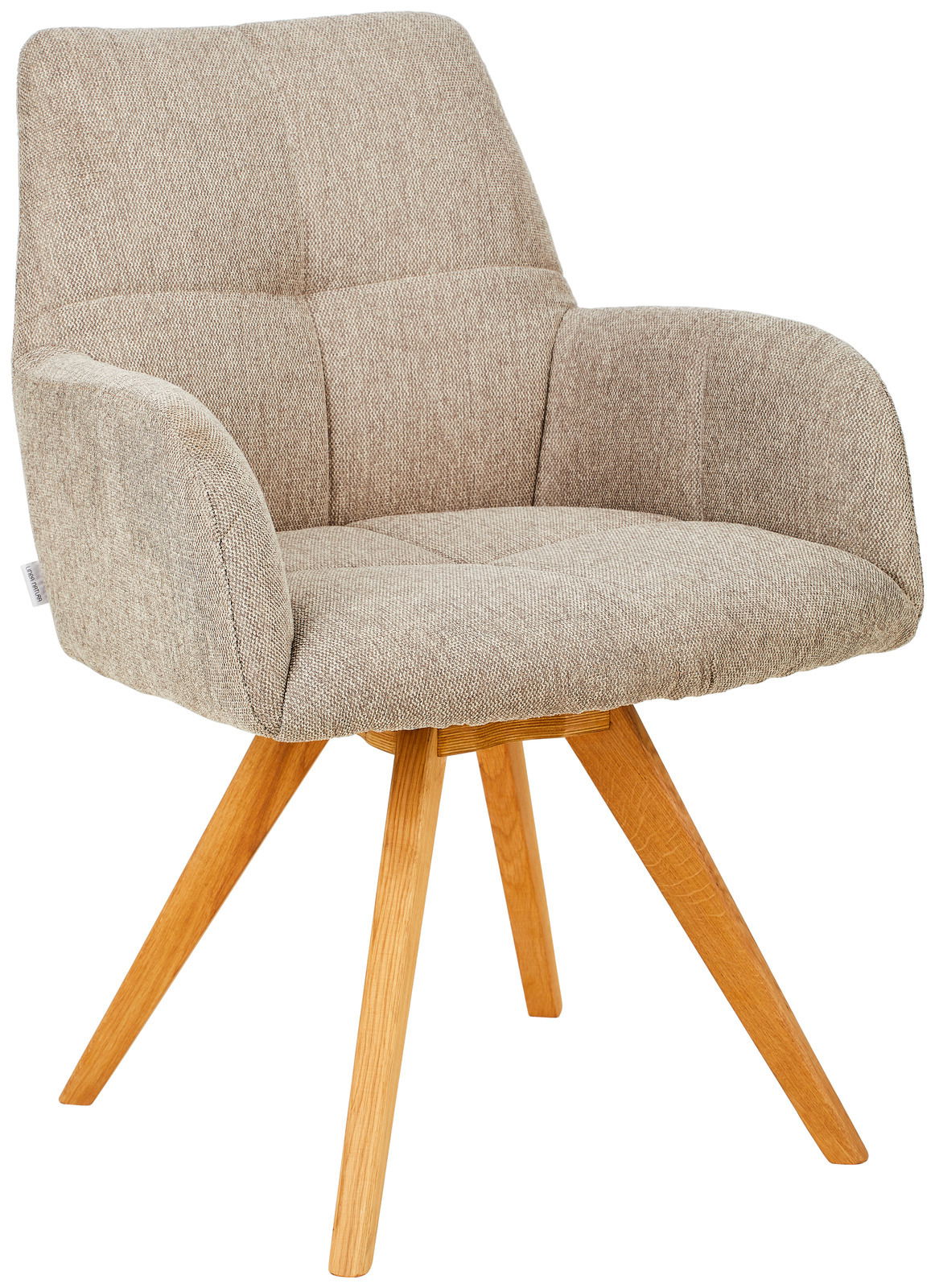 Beiger Armlehnstuhl mit Holzbeinen, seitliche Perspektive