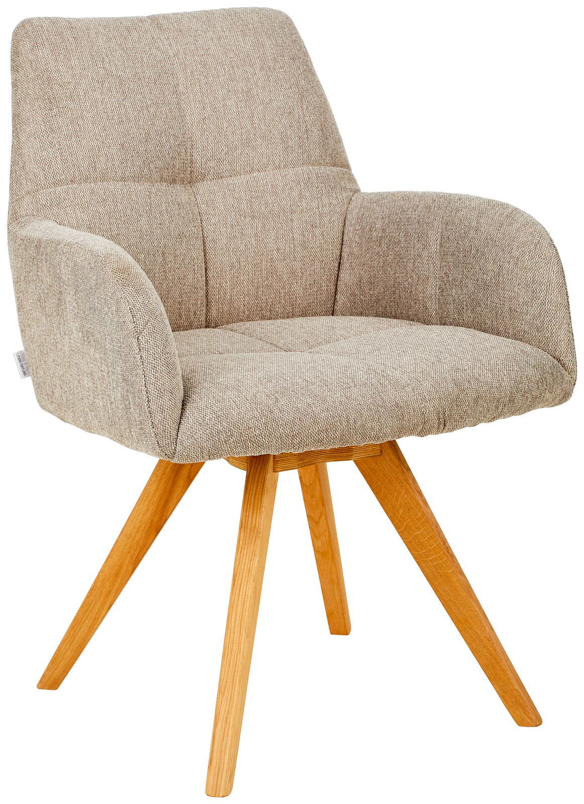 Beiger Armlehnstuhl mit Holzbeinen, seitliche Perspektive