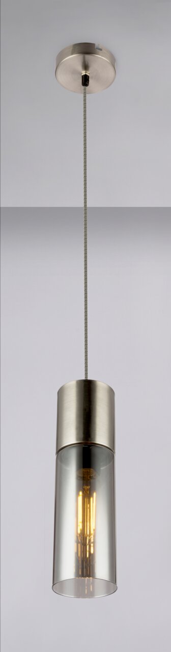 Moderne Hängeleuchte mit zylindrischem, transparentem Glasschirm und metallischer Fassung, seitliche Perspektive.