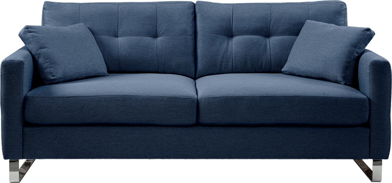 Blaues 2-Sitzer-Stoffsofa mit gesteppter Rückenlehne, zwei Kissen und Metallfüßen, Frontansicht.
