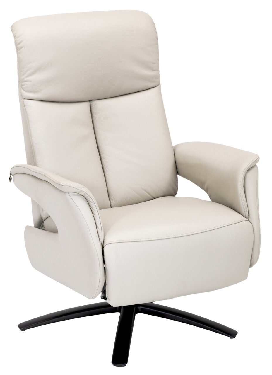 Beige lederen relaxfauteuil met zwarte draaivoet, vooraanzicht