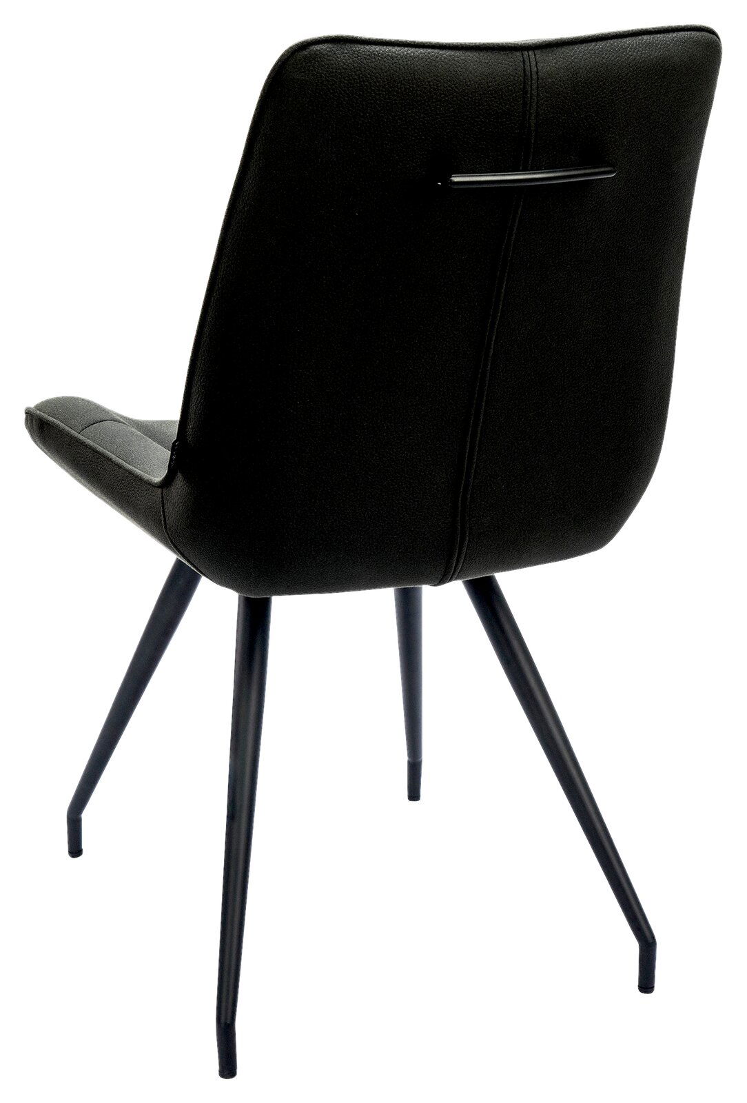 Rückansicht eines modernen schwarzen Stuhls mit Metallbeinen und einem Griff an der Rückenlehne.