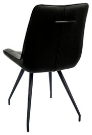 Rückansicht eines modernen schwarzen Stuhls mit Metallbeinen und einem Griff an der Rückenlehne.