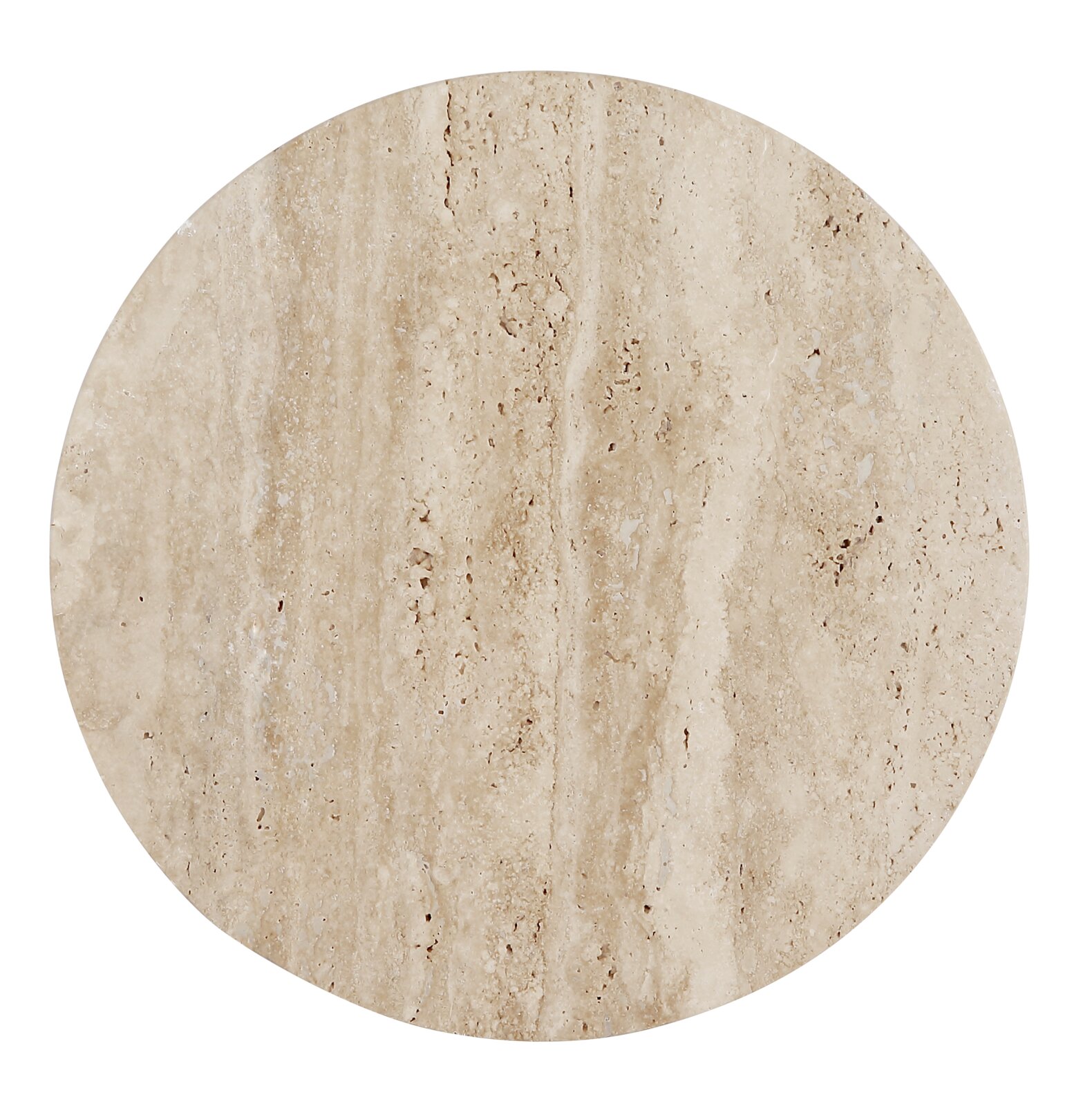 Runde, beige Naturstein- bzw. Travertin-Optik mit feiner Porenstruktur und dezenten Adern, Draufsicht (Top-Down) auf die Oberfläche vor weißem Hintergrund