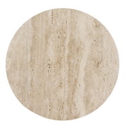 Runde, beige Naturstein- bzw. Travertin-Optik mit feiner Porenstruktur und dezenten Adern, Draufsicht (Top-Down) auf die Oberfläche vor weißem Hintergrund