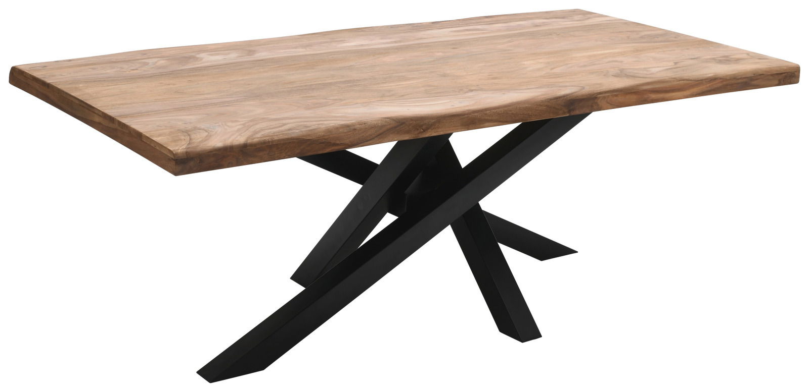 Moderner Esstisch mit einer Tischplatte aus hellem Holz und einem schwarzen, gekreuzten Metallgestell, seitliche Perspektive.