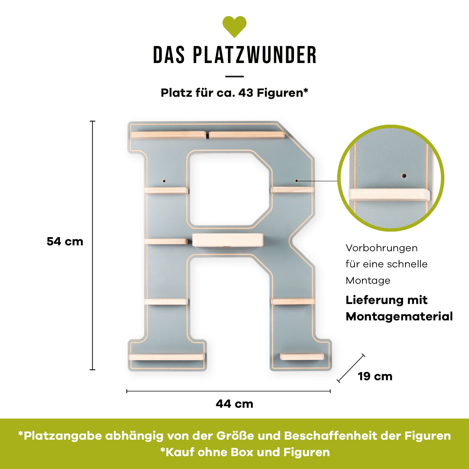 Wandregal in Buchstabenform „R“ in Hellblau mit Holzablagen, ca. 54 x 44 cm, Tiefe ca. 19 cm, mit Vorbohrungen und Montagematerial, Frontansicht