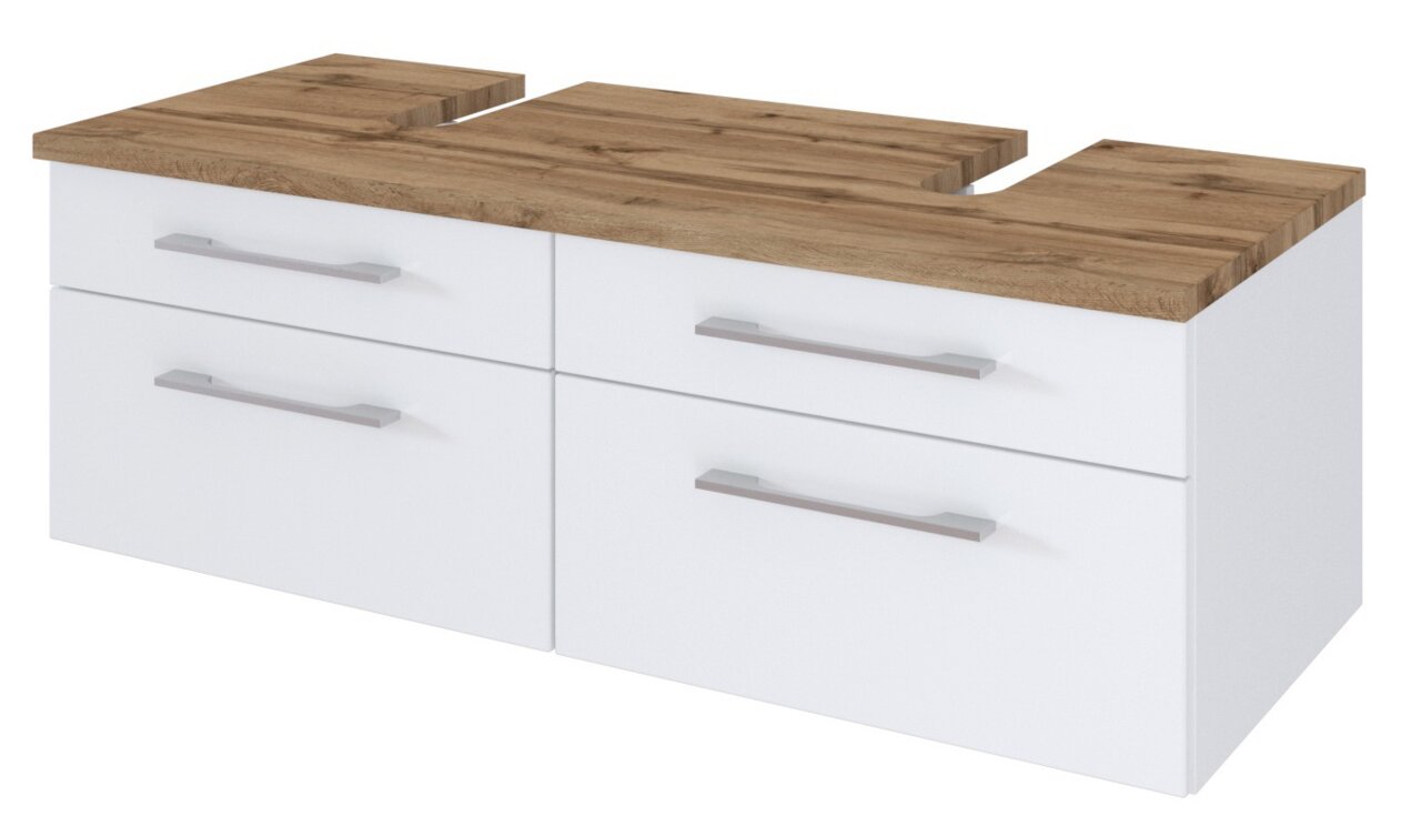 XORA Waschbeckenunterschrank DAVOS Moderner Waschbeckenunterschrank mit weißem Korpus und Holzoptik-Arbeitsplatte, Frontansicht