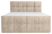Frontale Ansicht eines beige gepolsterten Boxbetts mit gestepptem Kopfteil.