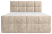 Frontale Ansicht eines beige gepolsterten Boxbetts mit gestepptem Kopfteil.