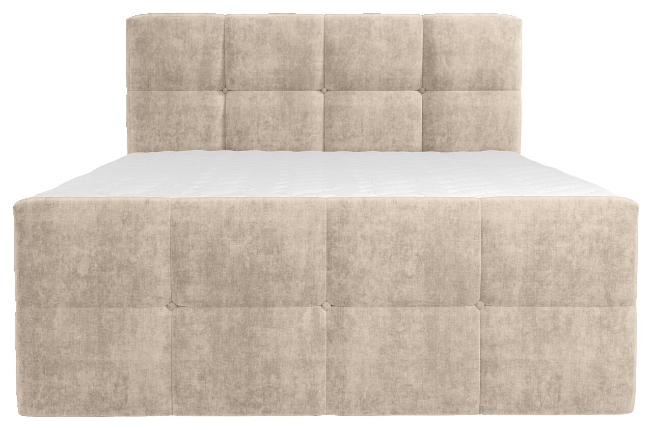 Frontale Ansicht eines beige gepolsterten Boxbetts mit gestepptem Kopfteil.