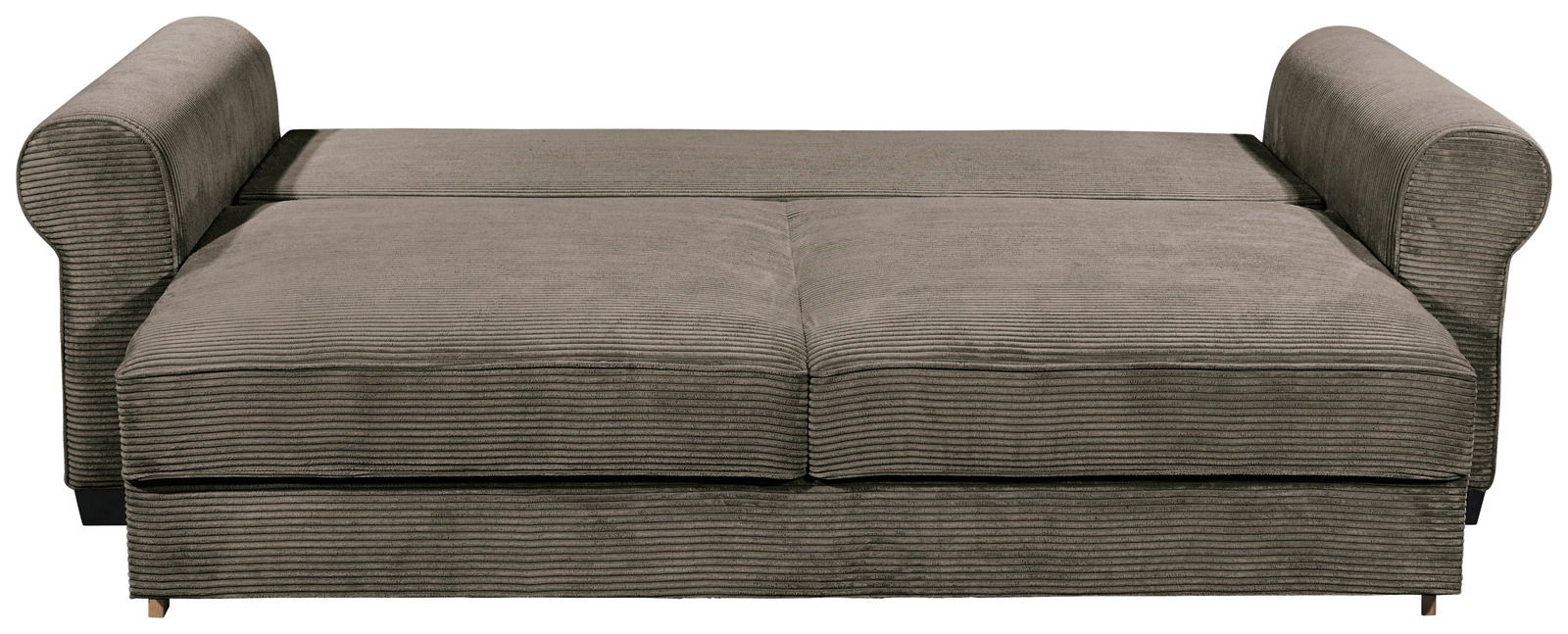 Graues Funktionssofa mit geripptem Stoffbezug, aus der Frontperspektive fotografiert.