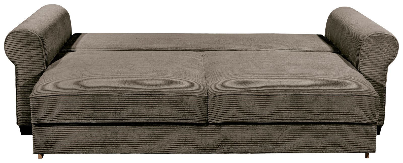 Graues Funktionssofa mit geripptem Stoffbezug, aus der Frontperspektive fotografiert.