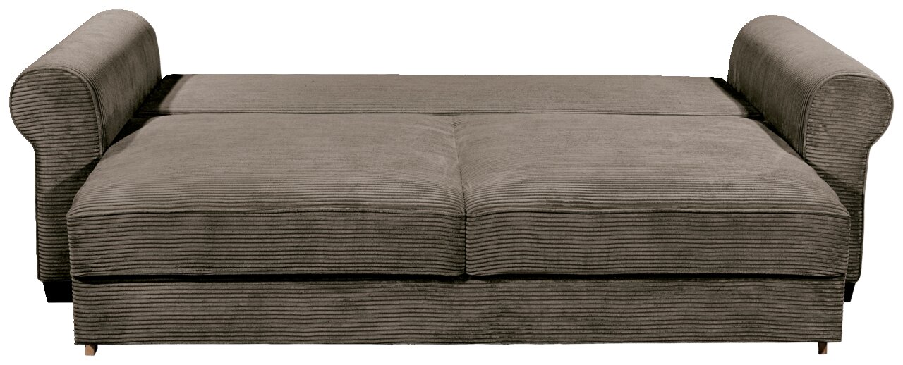 Graues Funktionssofa mit geripptem Stoffbezug, aus der Frontperspektive fotografiert.