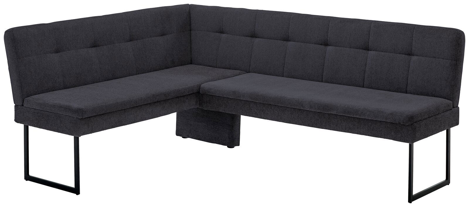 Eckbank in dunklem Stoffbezug mit Metallbeinen, perspektivisch von vorne links gesehen