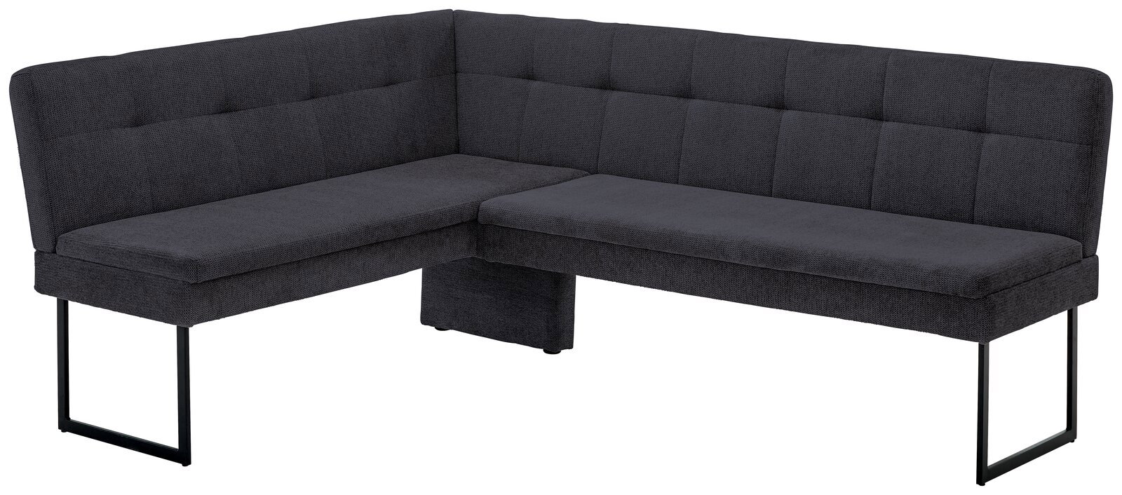 Eckbank in dunklem Stoffbezug mit Metallbeinen, perspektivisch von vorne links gesehen
