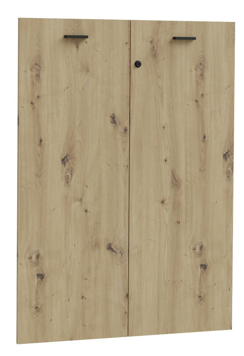 Zweiflügelige Holztür mit natürlicher Holzmaserung und schwarzen Griffen, Frontalansicht